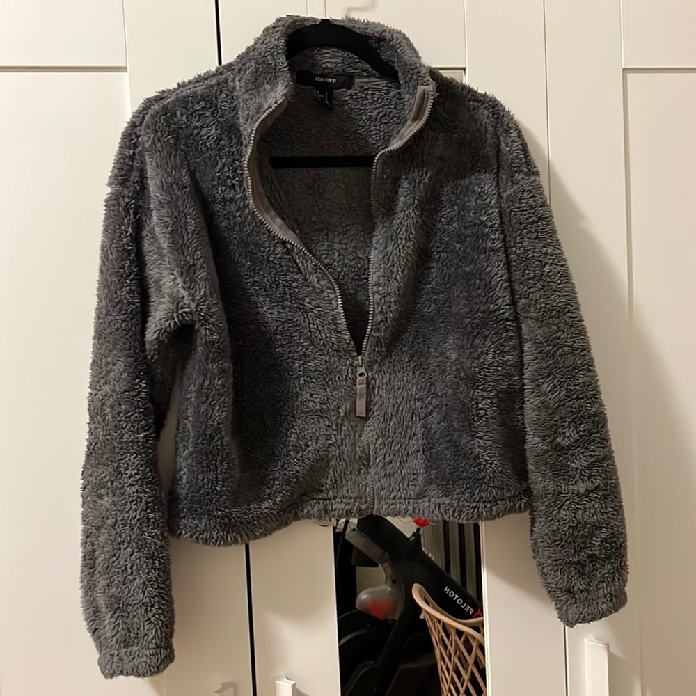 Cropped Quarter Zip, Dark Grey, Teddy Sweatshirt; Forever 21